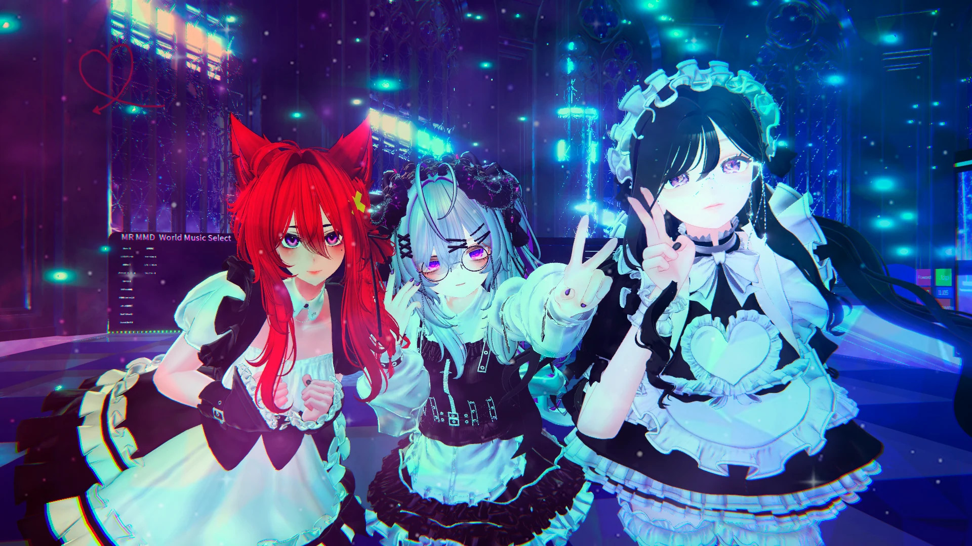 Tres avatares con atuendos de maid en un escenario de neón