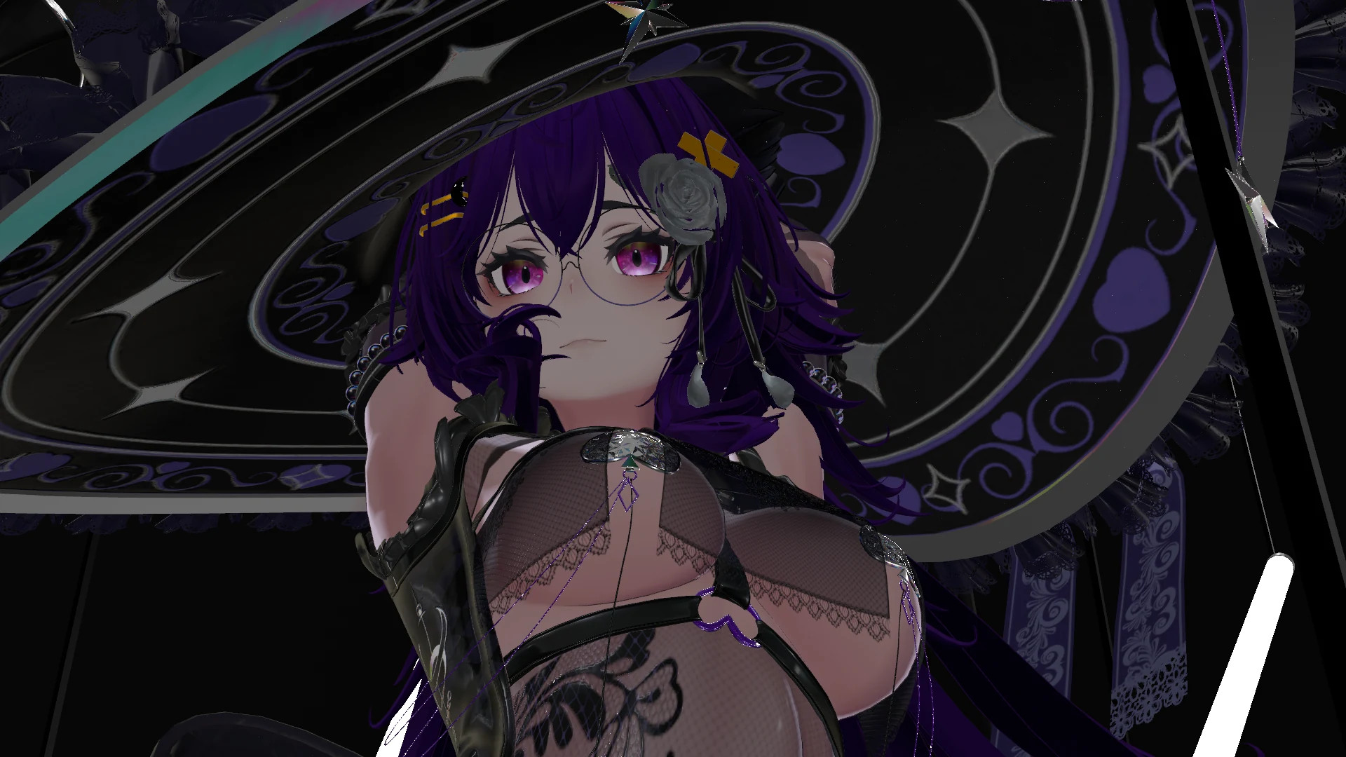 Avatar con sombrero de bruja y atuendo oscuro en VRChat