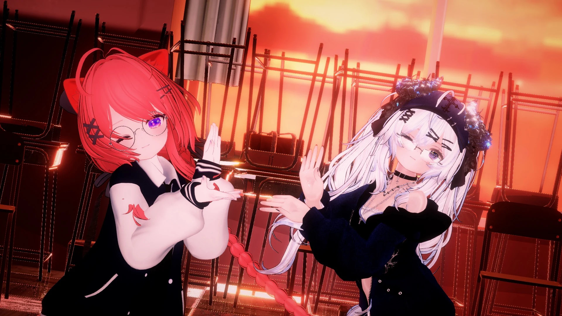 Dos avatares de cabello rojo y blanco posando bajo luces rojas en VRChat
