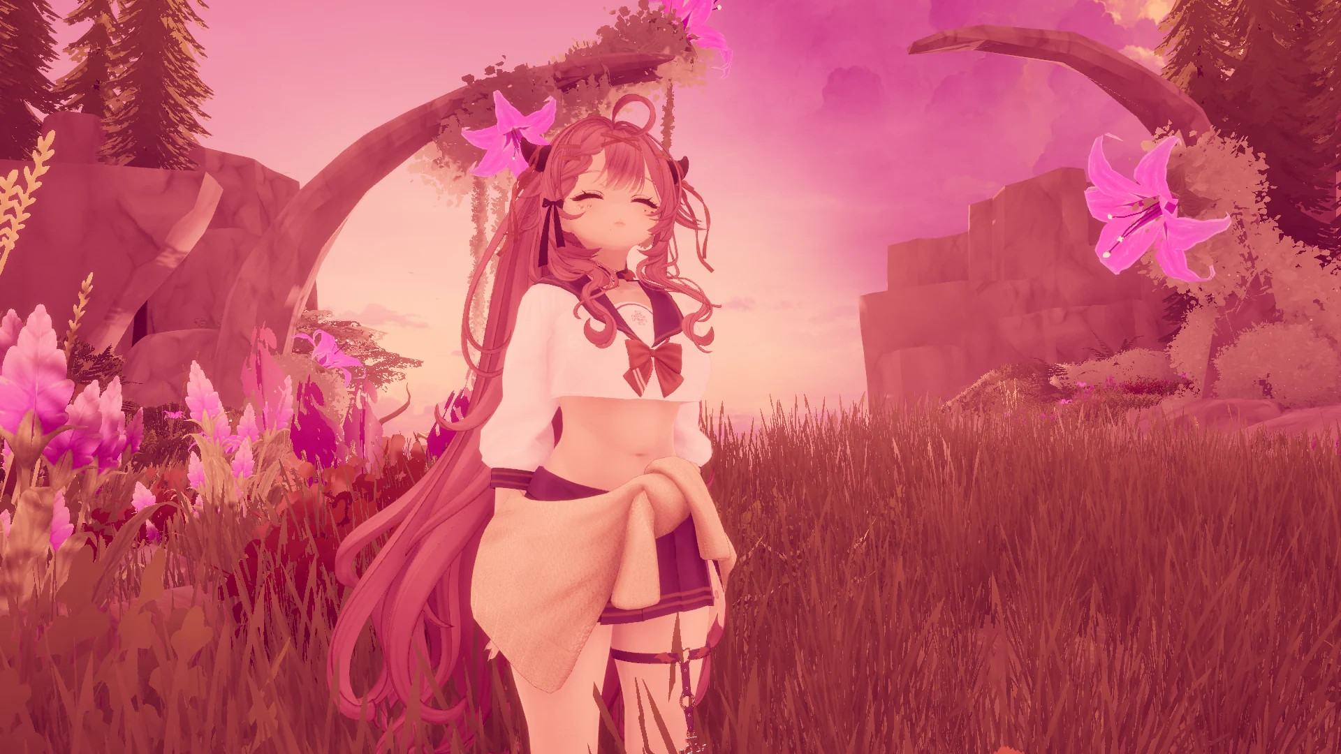 Avatar con atuendo claro posando en un campo al atardecer