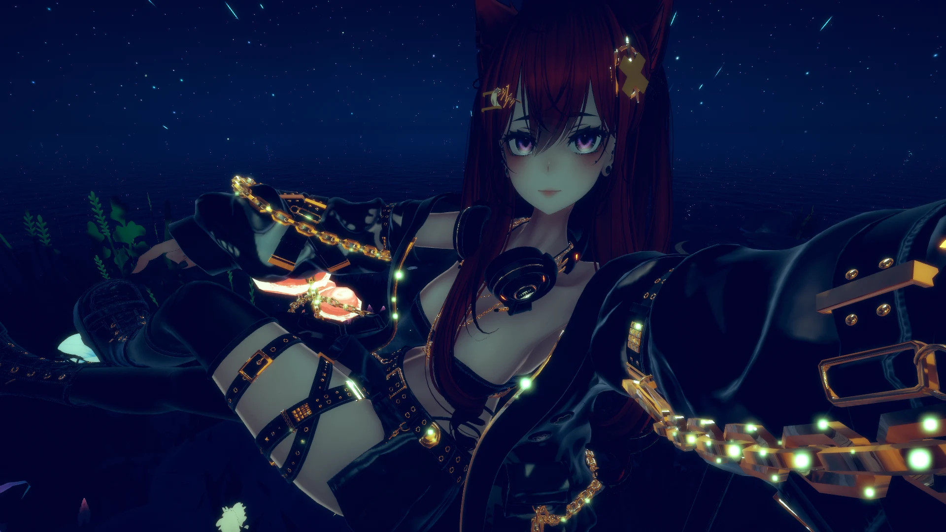 Avatar con atuendo negro y dorado posando de noche en VRChat