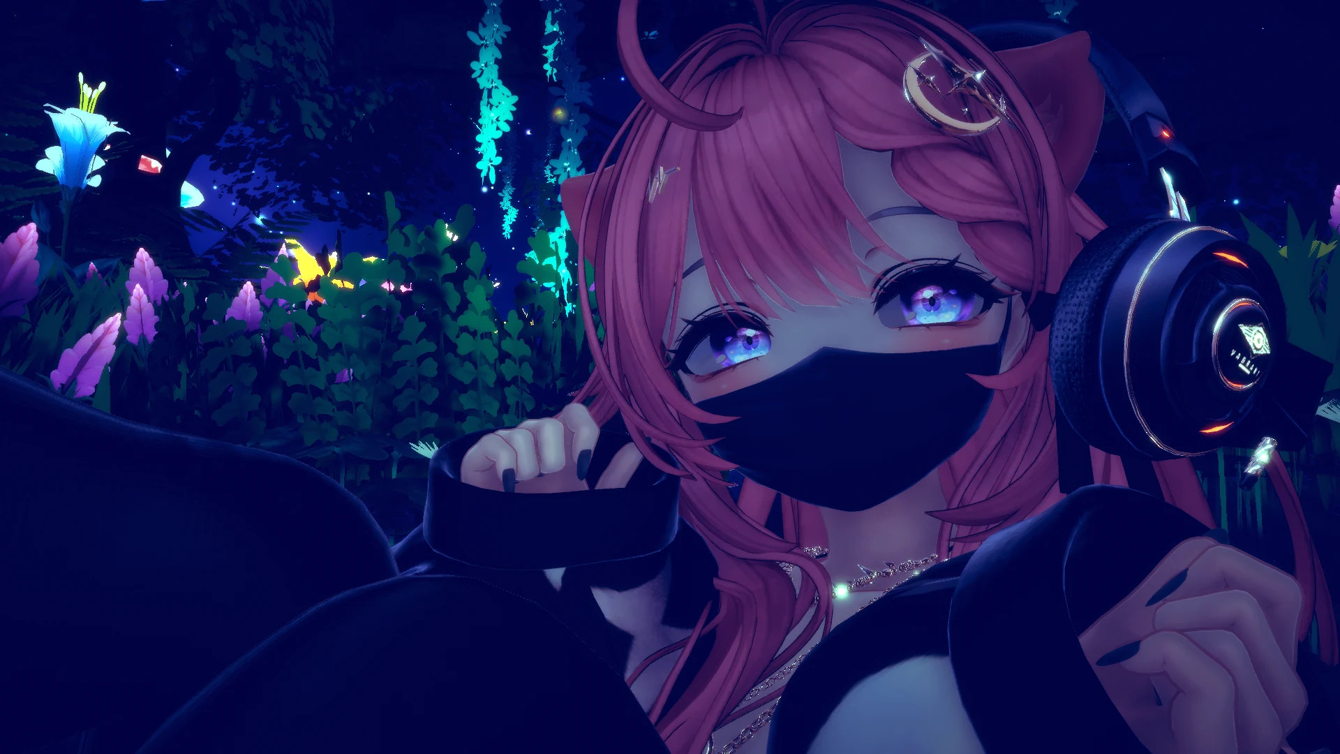 Primer plano de un avatar con cabello rosa y mascarilla en un bosque nocturno