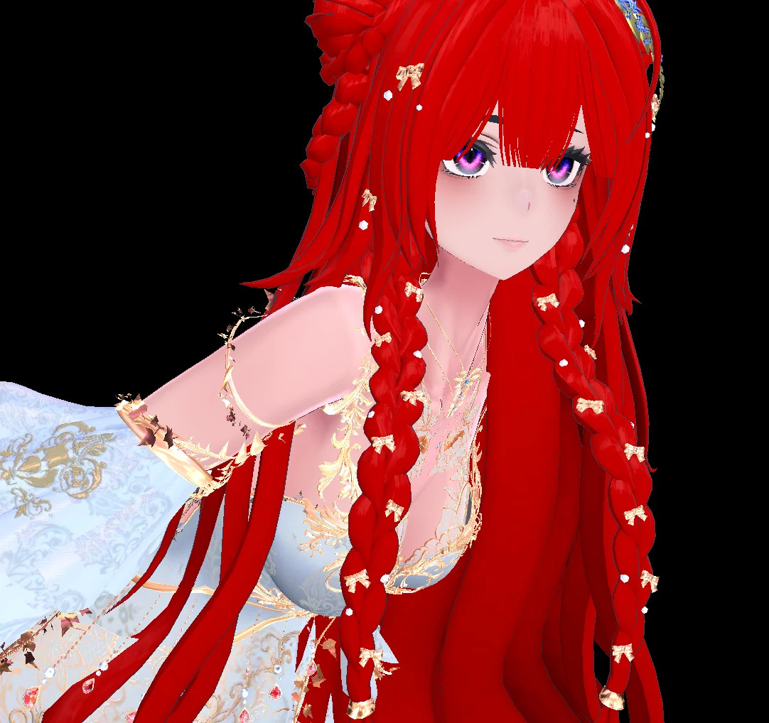 Avatar de cabello rojo con vestido blanco y dorado en Warudo